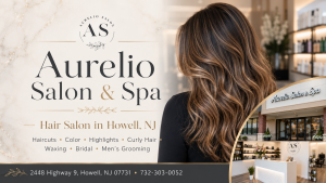 Aurelio Salon & Spa in Howell, NJ featuring luxury hair styling, salon interior, storefront, and beauty services