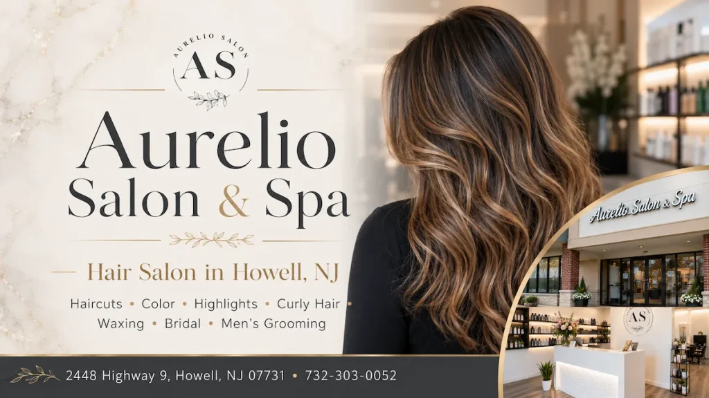Aurelio Salon & Spa in Howell, NJ featuring luxury hair styling, salon interior, storefront, and beauty services